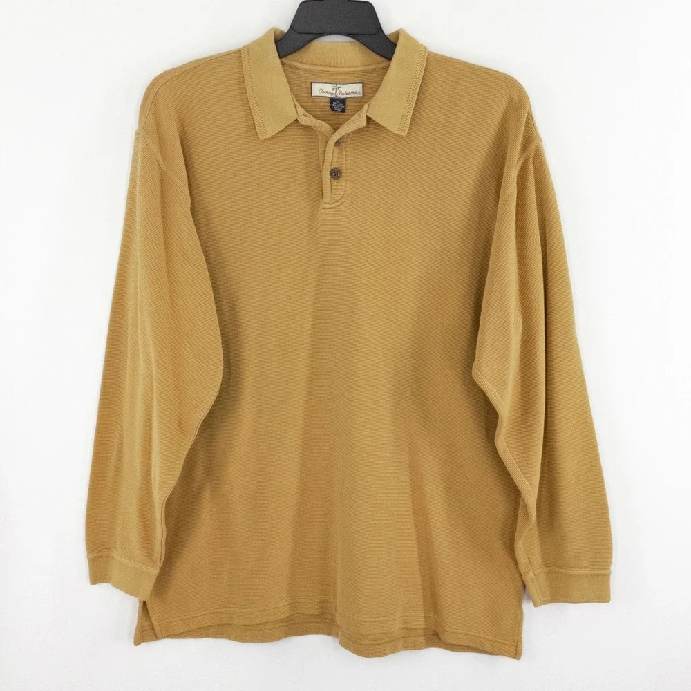 Tommy Bahama Men's XL Silk Blend Ribbed Long Sleeve Polo Shirt Tan/Yellow